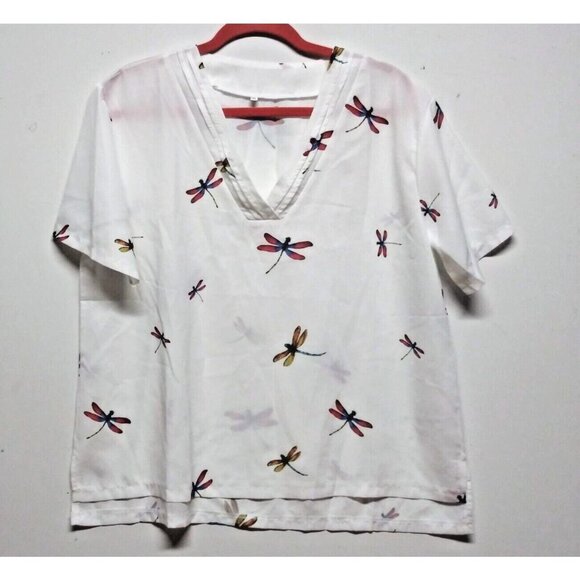 Women's White Dragonfly Print V-Neck Blouse Short Sleeve Size XL/2XL - Picture 1 of 8